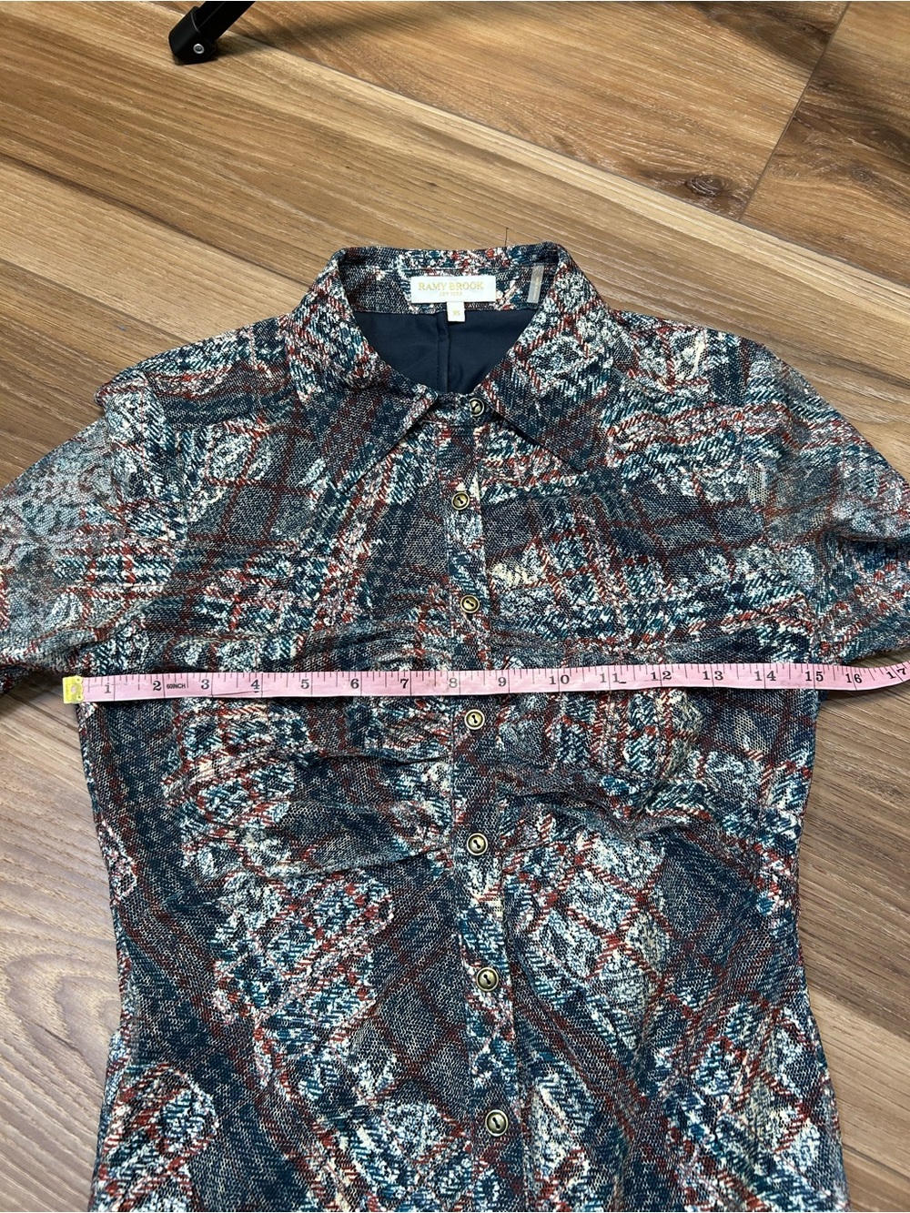 Ramy Brook Hamilton plaid ruched button front top size XS 70s disco sheer mesh - Picture 9 of 11